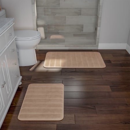 Hastings Home Set of 2 Bathroom Rug Set Memory Foam Mats Striped Microfiber, Non-Slip Absorbent Runner (Taupe) 313994WUM